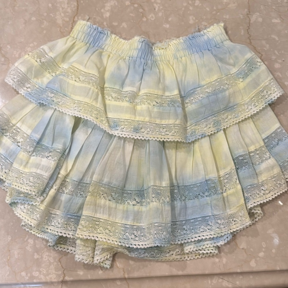 Love Shack Fancy blue and yellow tie dye skirt